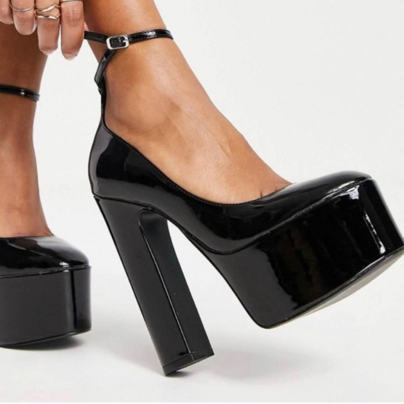 eldof Shoes - Black Patent Ankle Strap Platform MaryJane 7"chunk heels 9.5 brand new